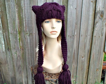 Chunky Knit Hat, Womens Hat, Mens Hat, Winter Hat, Trapper Hat, Earflap Hat, Ear Flap Hat, Knit Beanie, Knit Cap, Tassel Dragon, Eggplant