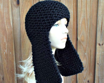 Black Ear Flap Hat, Chunky Knit Hat, Womens Hat, Mens Hat, Winter Hat, Earflap Hat, Trapper Hat, Black