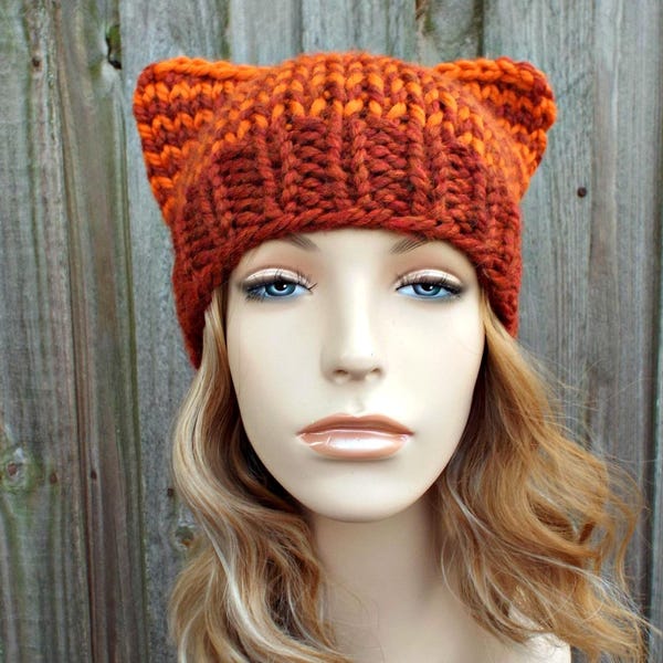 Chunky Knitted Hat with Ears for Women, Womens Hat, Winter Hat, Ginger Cat Hat, Cat Beanie Orange Stripes