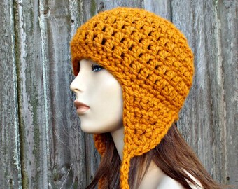Chunky Crochet Hat, Womens Hat, Mens Hat, Winter Hat, Wanderlust Earflap Hat, Ear Flap Hat, Crochet Cap, Butterscotch Yellow