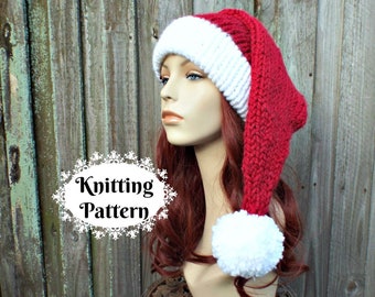 Santa Hat Knitting Pattern - Instant Download Knit Hat Pattern - Christmas Hat Pattern - Adult Size Double Brim Santa Hat Pattern Winter Hat