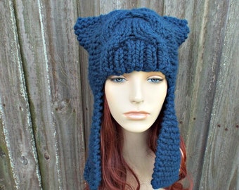 Trapper Hat, Chunky Knit Hat, Womens Hat, Mens Hat, Winter Hat, Cable Beanie, Ear Flap Hat, Knit Beanie, Knit Cap, Petrol Blue