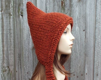 Gebreide heksenhoed, elfenkap, elfenhoed, grof gebreide muts, dameshoed, herenhoed, wintermuts, gebreide kap, kap pixie, Spice Burnt Orange