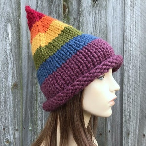 Gay Pride Hat, Rainbow Hat, Witch Hat, Halloween Hat, Wizard Hat, Chunky Knit Hat, Winter Hat, Mens Hat, Gnome Hat, Elf Hat