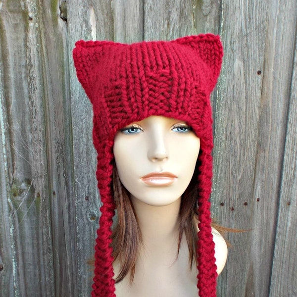 Chunky Knit Hat, Womens Hat, Mens Hat, Winter Hat, Hat with Ears, Cat Hat, Pussyhat, Pussy Hat, Cranberry Red