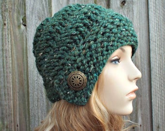 Womens Knit Hat, Cloche Hat, Chunky Knit Hat, Womens Hat, Winter Hat, Hand Knitted Cap, Hybrid Cloche Beanie, Kale Green