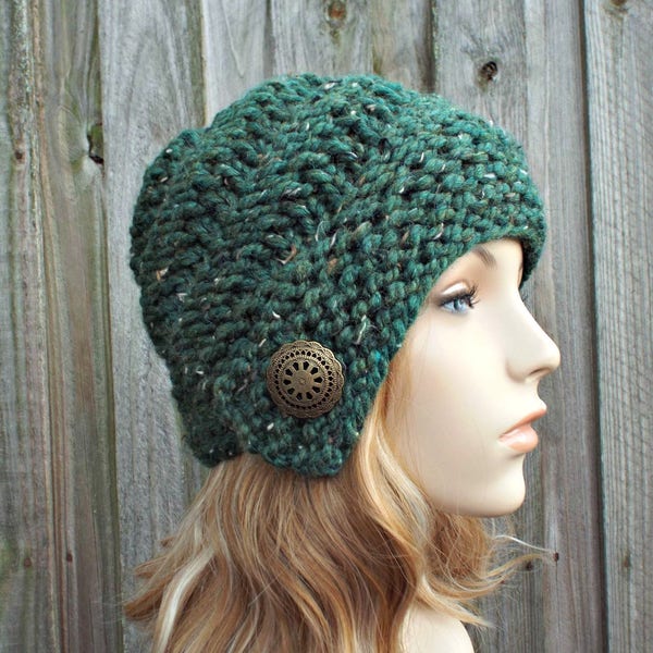 Womens Knit Hat, Cloche Hat, Chunky Knit Hat, Womens Hat, Winter Hat, Hand Knitted Cap, Hybrid Cloche Beanie, Kale Green