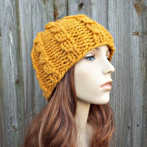 Yellow Cable Knit Hat for Men, Chunky Knit Hat, Womens Hat, Mens Hat, Winter Hat, Knit Beanie, Knit Cap, Cable Beanie, Mustard