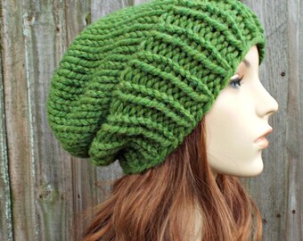 Chunky Knit Hat, Womens Hat, Mens Hat, Winter Hat, Knit Beanie, Knit Cap, Mens Beanie, Womens Beanie, Adaline Slouchy Beanie, Grass Green