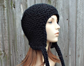 Chunky Knit Hat, Womens Hat, Mens Hat, Winter Hat, Ear Flap Hat, Earflap Hat, Knit Beanie, Knit Cap, Garter Helmet, Black