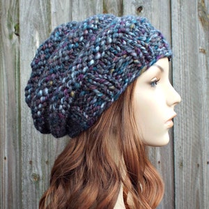 Chunky Knit Hat, Womens Hat, Mens Hat, Winter Hat, Knit Beanie, Knit Beret, Knit Cap, Slouchy Beanie, Beehive Beret, Abalone Grey