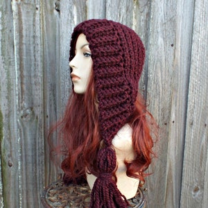 Crochet Hood, Chunky Crochet Hat, Womens Hat, Mens Hat, Winter Hat, Earflap Hat, Ear Flap Hat, Womens Hood, Mens Hood, Tassel Hood, Claret