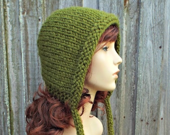 Chunky Knit Hat, Womens Hats, Winter Hats, Aviator Cap, Adult Bonnet, Steampunk Hood with Ties, Cilantro Green