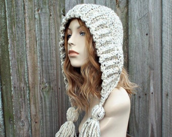 Aviator Adult Bonnet Knit Accessories Gift For Her #FW011 Gray Knit Hat Hood with Ties Crochet Hood Tassel Hat Hat