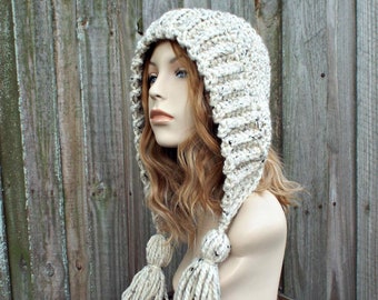 Chunky Crochet Hat, Womens Hat, Mens Hat, Winter Hat, Crochet Hood, Earflap Hat, Ear Flap Hat, Tassel Hat, Oatmeal Hat