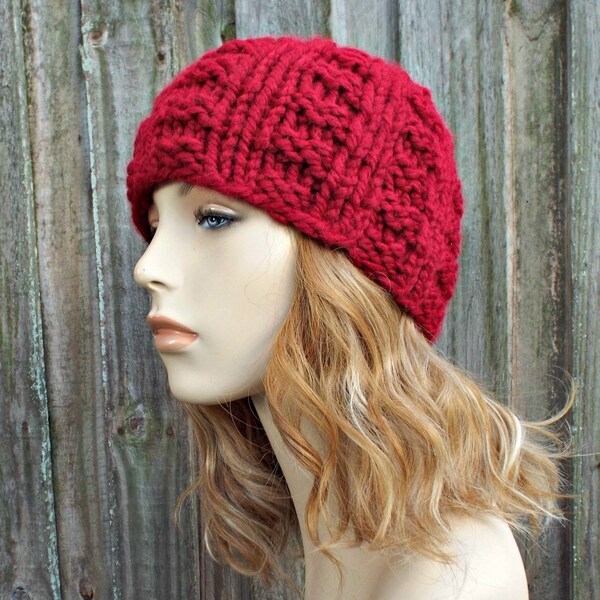 Chunky Knit Hat, Womens Hat, Mens Hat, Winter Hat, Knit Beanie, Knit Cap, Waffle Beanie, Cranberry Red