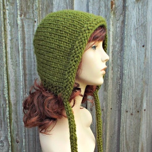 Chunky Knit Hat, Womens Hats, Winter Hats, Aviator Cap, Adult Bonnet, Steampunk Hood with Ties, Cilantro Green