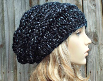 Hand Knit Beret, Chunky Knit Hat, Womens Hat, Mens Hat, Winter Hat, Knit Beanie, Knit Cap, Slouchy Beanie, Beehive Beret, Black and White