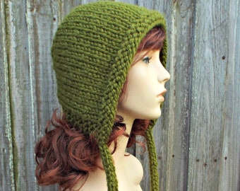 Adult Bonnet, Chunky Knit Hat with Ties, Winter Hat, Knit Hood, Aviator Hat