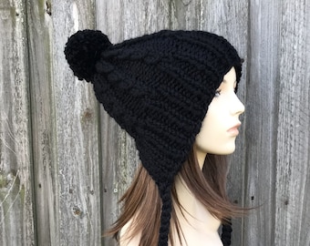 Chunky Knit Hat, Womens Hat, Mens Hat, Winter Hat, Knit Beanie, Slouchy Hat, Ear Flap Hat, Cable Beanie, Tallulah Slouchy Beanie, Black