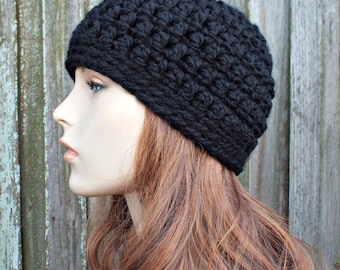 Black Hat, Black Newsboy Cap, Chunky Crochet Hat, Womens Hat