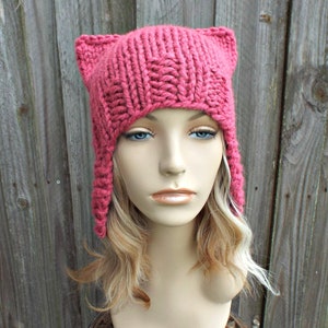 Chunky Knit Hat, Womens Hat, Mens Hat, Winter Hat, Pink Cat Hat, Ear Flap Hat, Cat Beanie, Knit Beanie, Knit Cap, Cat Ear Hat