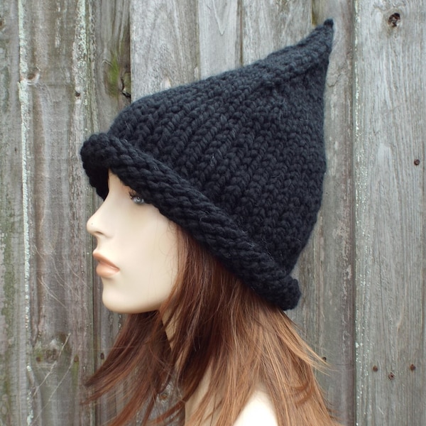 Black Witch Hat, Wizard Hat, Halloween Costume, Womens Hat, Mens Hat, Chunky Knit Hat, Winter Hat