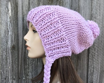 Chunky Knit Hat, Womens Hat, Mens Hat, Winter Hat, Knit Cap, Knit Beanie, Slouchy Beanie, Slouchy Hat, Hat with Pom Pom, Fairytale Purple