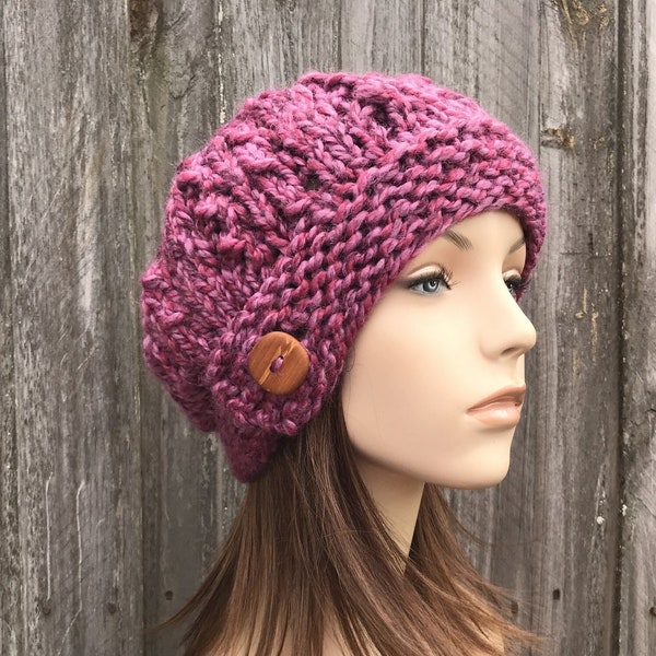 Chunky Knit Hat, Womens Hat, Mens Hat, Winter Hat, Knit Beret, Knit Beanie, Knit Cap, Slouchy Hat, Chunky Lace Wisteria Beret, Strawberry