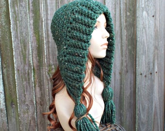 Chunky Crochet Hat, Crochet Hood, Womens Hat, Mens Hat, Winter Hat, Earflap Hat, Ear Flap Hat, Tassel Hood, Kale Green