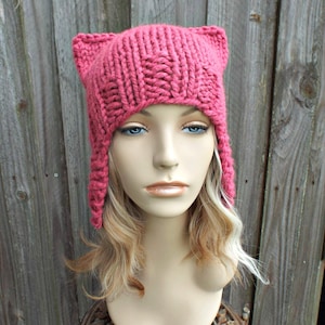 Pink Pussyhat, Pink Pussy Hat, Pink Cat Hat, Chunky Knit Hat with Cat Ears, Womens Hat, Mens Hat, Winter Hat, Ear Flap Hat, Raspberry Pink