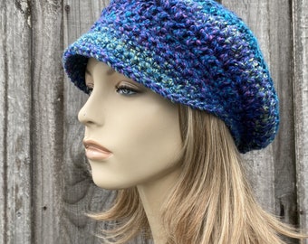 Gehaakte krantenverkopersmuts, krantenverkoperspet, dameshoed, herenhoed, gehaakte muts, wintermuts, herfstmode, Caribisch blauw