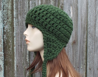 Crochet Ear Flap Hat, Chunky Crochet Hat, Womens Hat, Mens Hat, Winter Hat, Trapper Hat, Aviator Cap, Wanderlust Earflap Hat, Evergreen