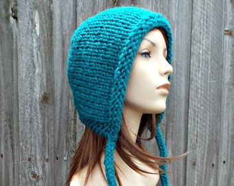 Knit Bonnet Adult, Knit Hood with Ties, Chunky Knit Hat, Womens Hat, Mens Hat, Winter Hat, Aviator Hat, Petroleum Green