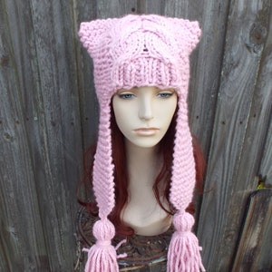 Chunky Knit Hat, Womens Hat, Mens Hat, Winter Hat, Knit Cap, Cable Knit Hat, Earflap Hat, Tassel Dragon Ear Flap Hat, Blossom Pink