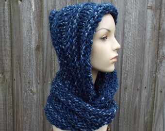 Bonnet écharpe à capuche, capuche pour femme, capuche pour homme, écharpe pour femme, écharpe pour homme, écharpe surdimensionnée en tricot, capuche portefeuille Gretel, River Run Blue