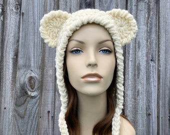 Cream Bear Hat, Bear Ear Bonnet, Adult Bonnet, Chunky Crochet Hat, Crochet Beanie, Womens Hat, Mens Hat, Winter Hat, Crochet Bonnet
