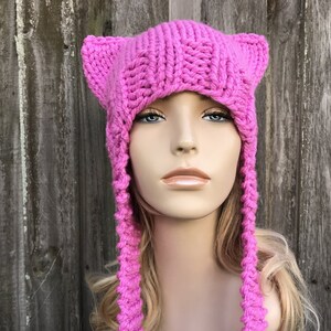 Chunky Knit Hat, Womens Hat, Mens Hat, Winter Hat, Cat Hat, Hat with Cat Ears, Earflap Hat, Ear Flap Hat, Cat Beanie, Petunia Pink