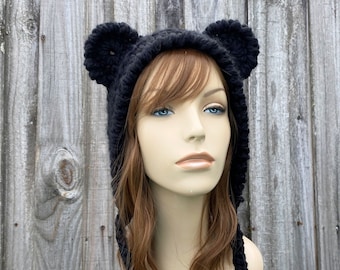 Black Bear Hat, Bear Ear Bonnet, Adult Bonnet, Chunky Crochet Hat, Crochet Beanie, Womens Hat, Mens Hat, Winter Hat, Crochet Bonnet