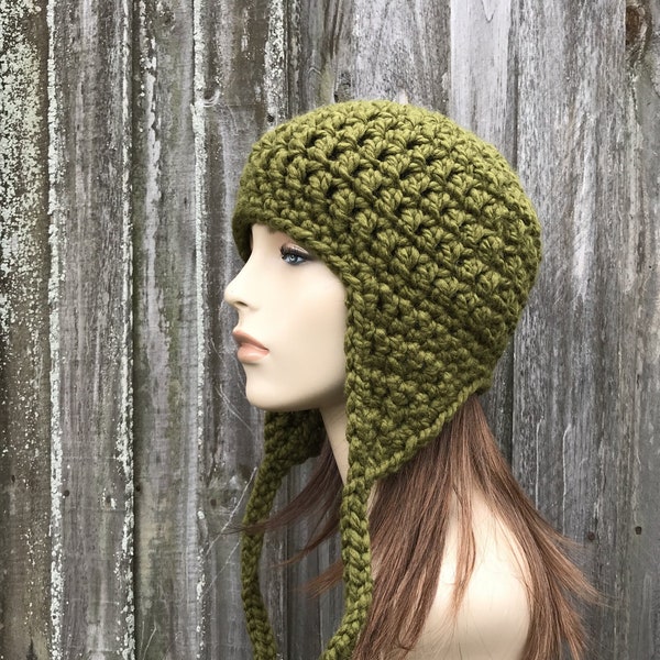 Chunky Crochet Hat, Mens Hat, Womens Hat, Winter Hat, Bomber Hat, Aviator Hat, Ear Flap Hat, Wanderlust Earflap Hat, Cilantro Green