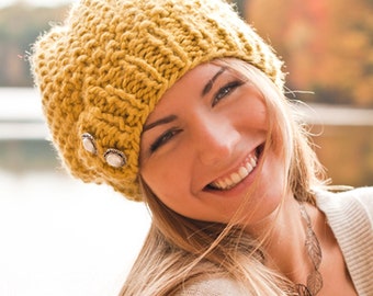 Chunky Knit Hat, Womens Hat, Mens Hat, Winter Hat, Knit Beret, Knit Beanie, Knit Cap, Slouchy Beanie, Slouchy Hat, Seed Beret, Citron Yellow