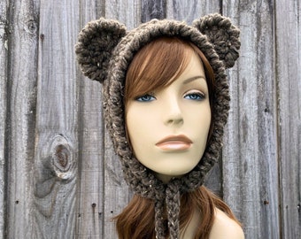 Brown Bear Ear Hat, Bear Bonnet, Adult Bonnet, Chunky Crochet Hat, Crochet Beanie, Womens Hat, Mens Hat, Winter Hat, Crochet Bonnet, Barley