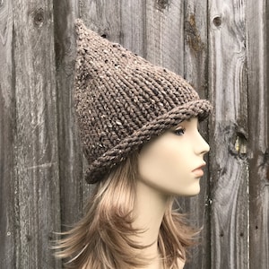 Chunky Knit Hat, Winter Hat, Womens Hat, Winter Hat, Elf Hat, Gnome Hat, Witch Beanie, Witch Hat, Halloween Hat, Barley Brown