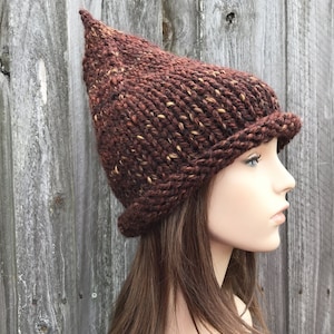 Brown Witch Hat, Halloween Hat, Wizard Hat, Gnome Hat, Elf Hat, Chunky Knit Hat, Womens Hat, Mens Hat, Winter Hat