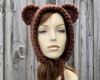 Chocolate Brown Bear Hat, Bear Bonnet, Adult Bonnet, Chunky Crochet Hat, Crochet Beanie, Womens Hat, Mens Hat, Winter Hat, Crochet Bonnet