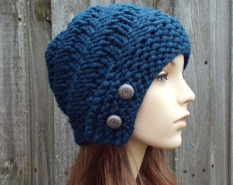 Womens Cloche Hat, Chunky Knit Hat, Womens Hat, Winter Hat, Hybrid Swirl Cloche Beanie, Petrol Blue