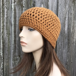 Beach Hat, Sun Hat, Fitted Beanie Skullcap, Crochet Hat, Womens Hat, Mens Hat, Light Weight Summer Beanie, Crochet Cap, Honey Brown