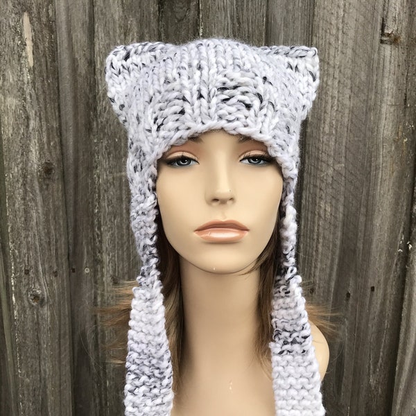 Chunky Knit Hat, Womens Hat, Mens Hat, Winter Hat, Knit Beanie, Knit Cap, Ear Flap Hat, Cat Hat, Cat Beanie, White and Grey