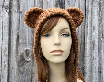 Brown Teddy Bear Hat, Bear Bonnet, Adult Bonnet, Chunky Crochet Hat, Crochet Beanie, Womens Hat, Mens Hat, Winter Hat, Crochet Bonnet