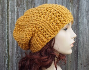 Slouchy Hat, Chunky Knit Hat, Womens Hat, Mens Hat, Winter Hat, Slouchy Beanie, Knit Beanie, Knit Cap, Mustard Yellow